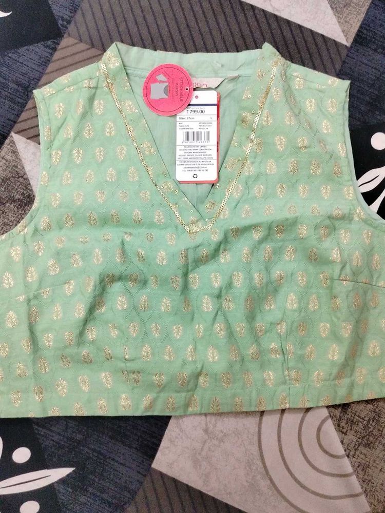 Light Green Blouse with Gold Print