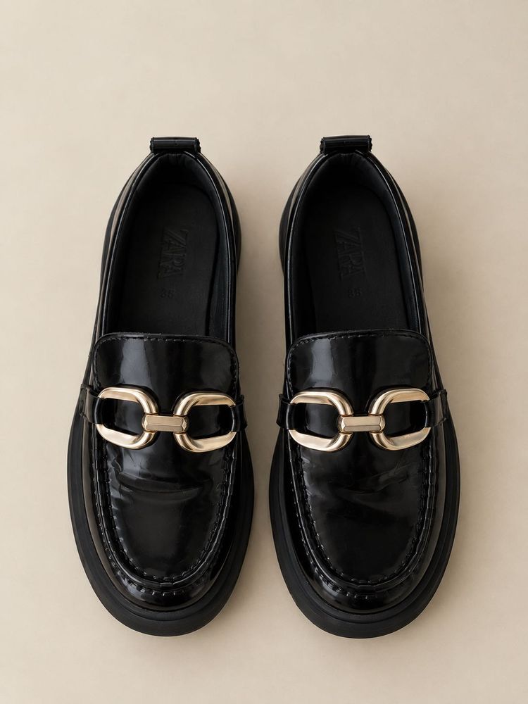 ZARA Black Loafers with Gold Buckle
