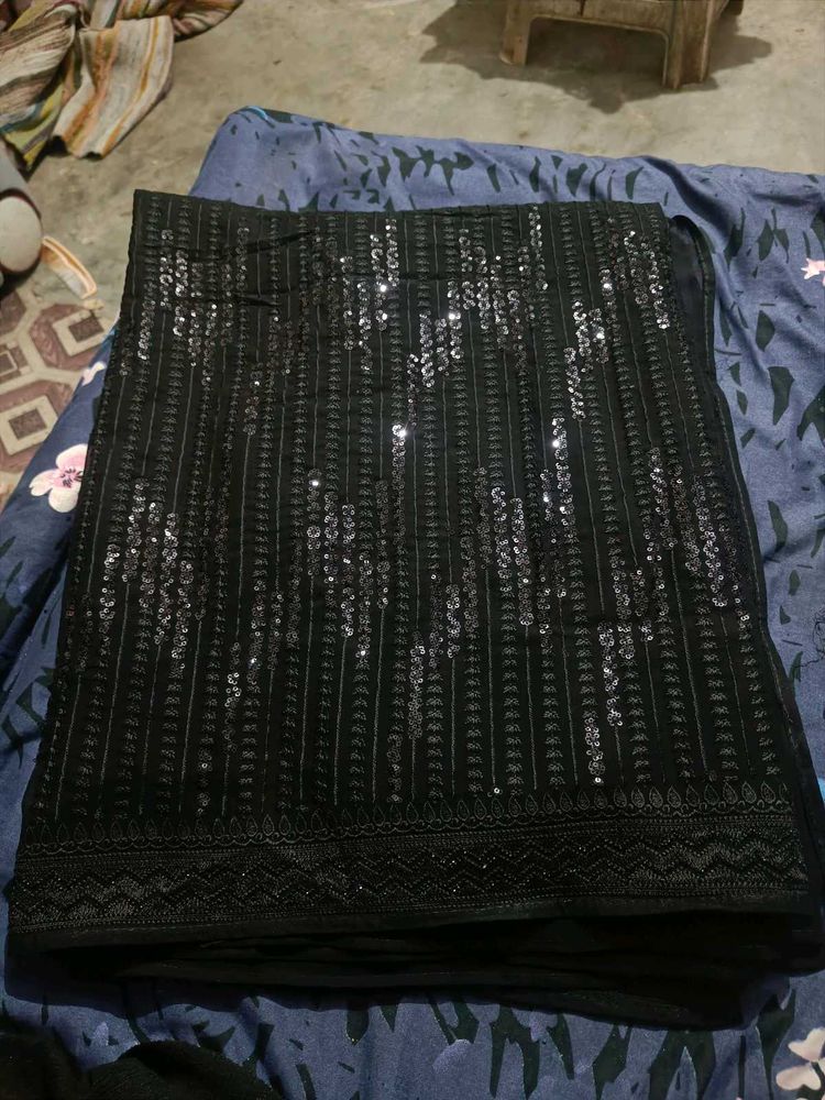 New Black Sequence saree with attached blouse piec
