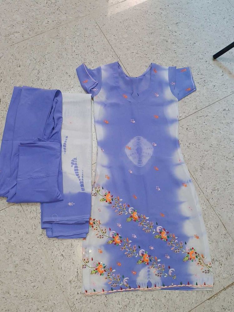 Blue &amp; White Embroidered Salwar Kameez