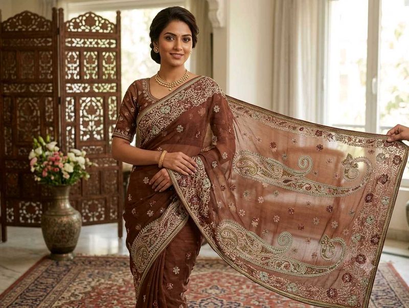 Elegant Brown Embroidered Saree