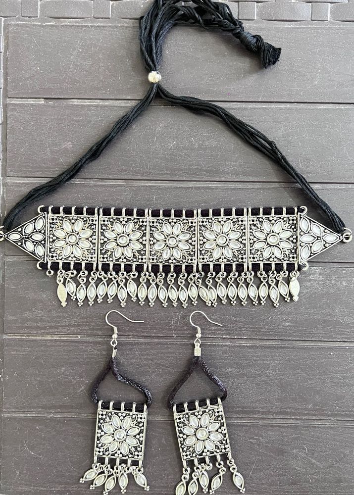 Oxidized Silver Choker Necklace &amp; Earrings Set