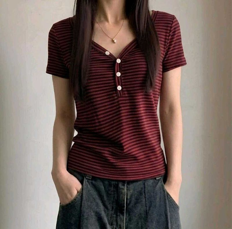 Striped V-Neck Button T-Shirt