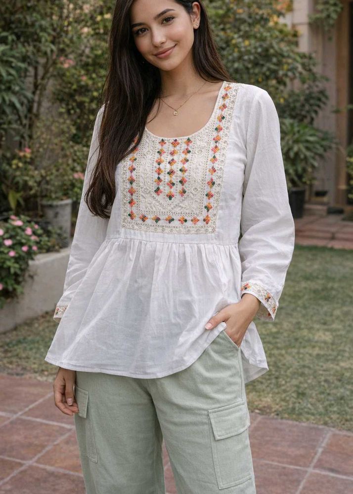White Embroidered Cotton Kurta