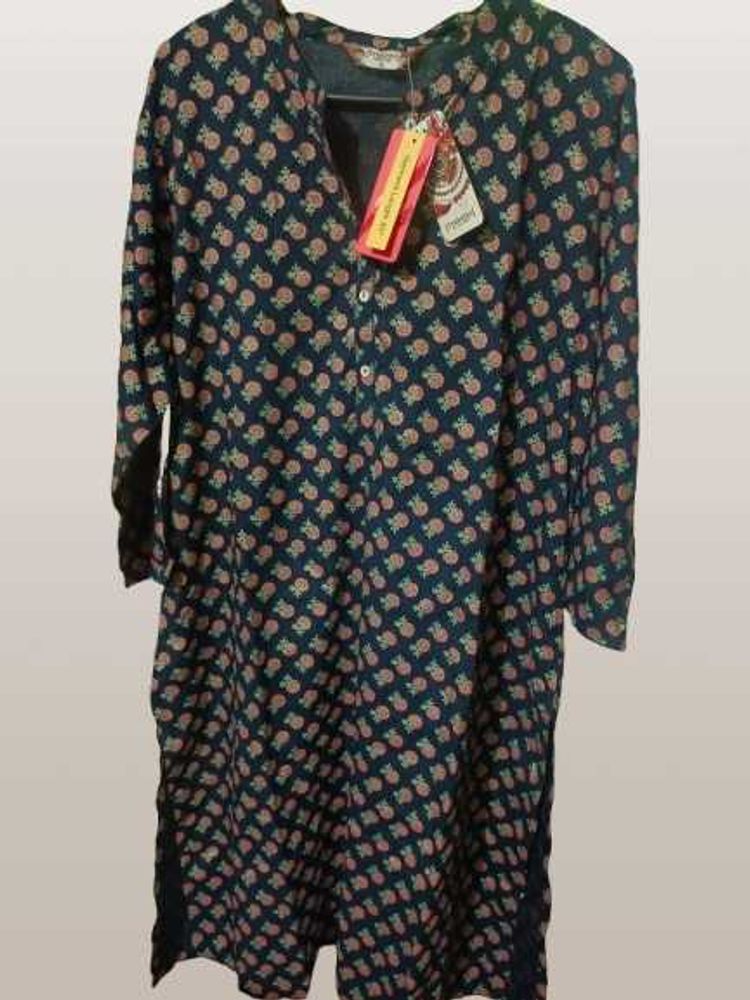 Cotton Blend Blue Printed Kurta