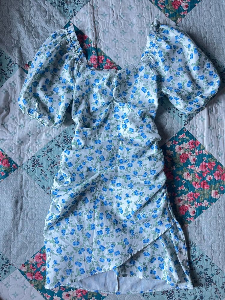 Blue Floral Ruched Mini Dress