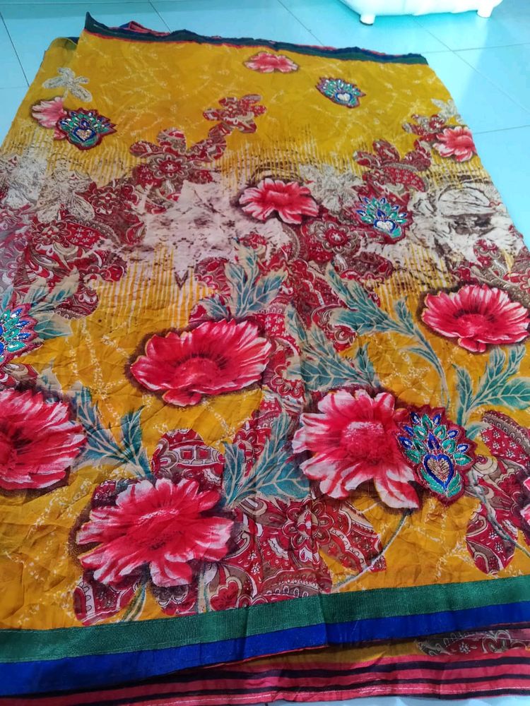 Printed Saree With Work &amp; Unstitched Blouse