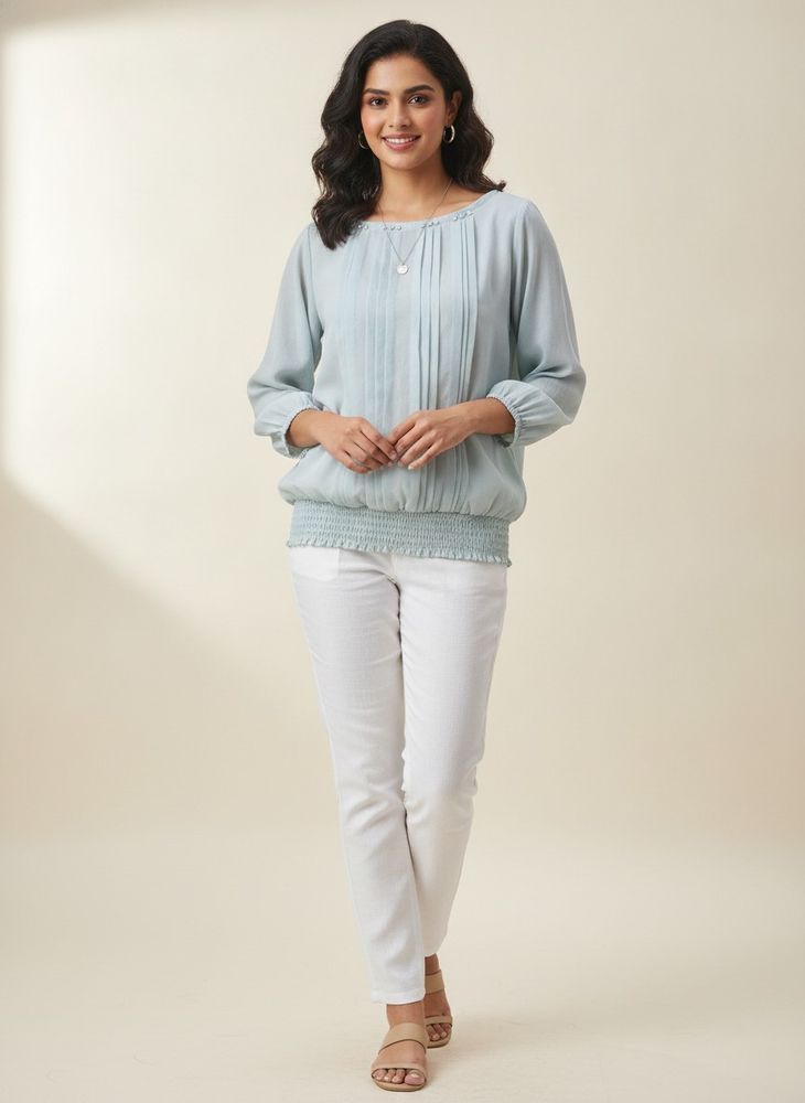 Light Blue Smocked Hem Blouse