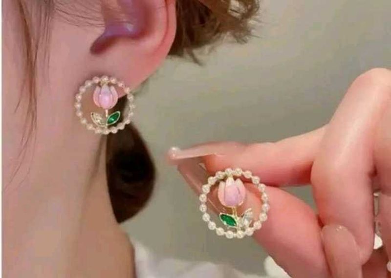 Cute Pink Tulip Flower Earrings