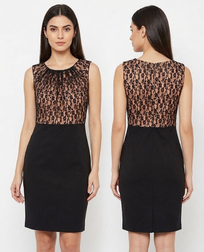 Elegant Black Lace Sheath Dress- Park Avenue
