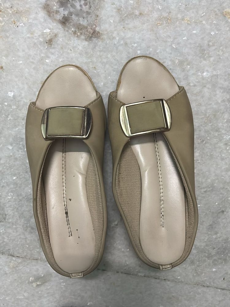 Beige Mules with Buckle Detail