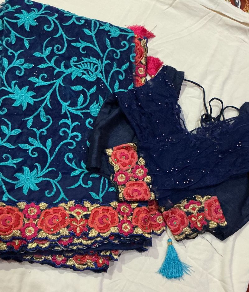Navy Blue Embroidered Saree with Blouse