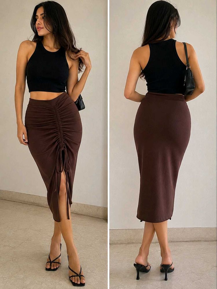 Brown Ruched Midi Skirt