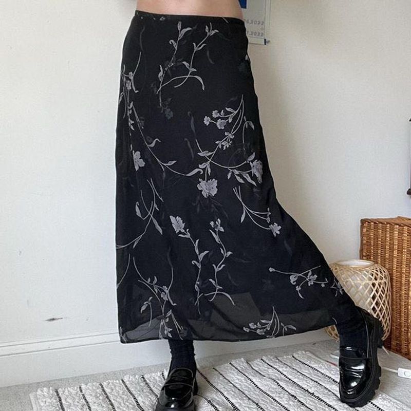 Black Floral Print Double Layered Midi Skirt