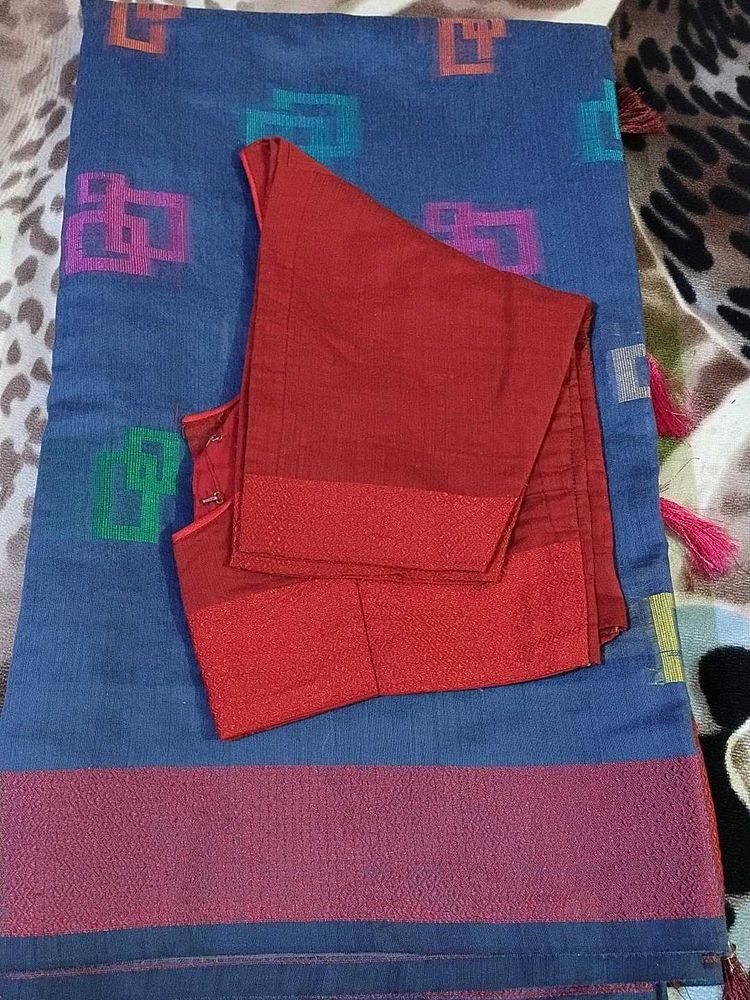 Blue &amp; Red Saree with Blouse Piece