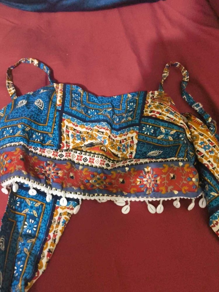 unsed Boho Print Crop Top with Shells