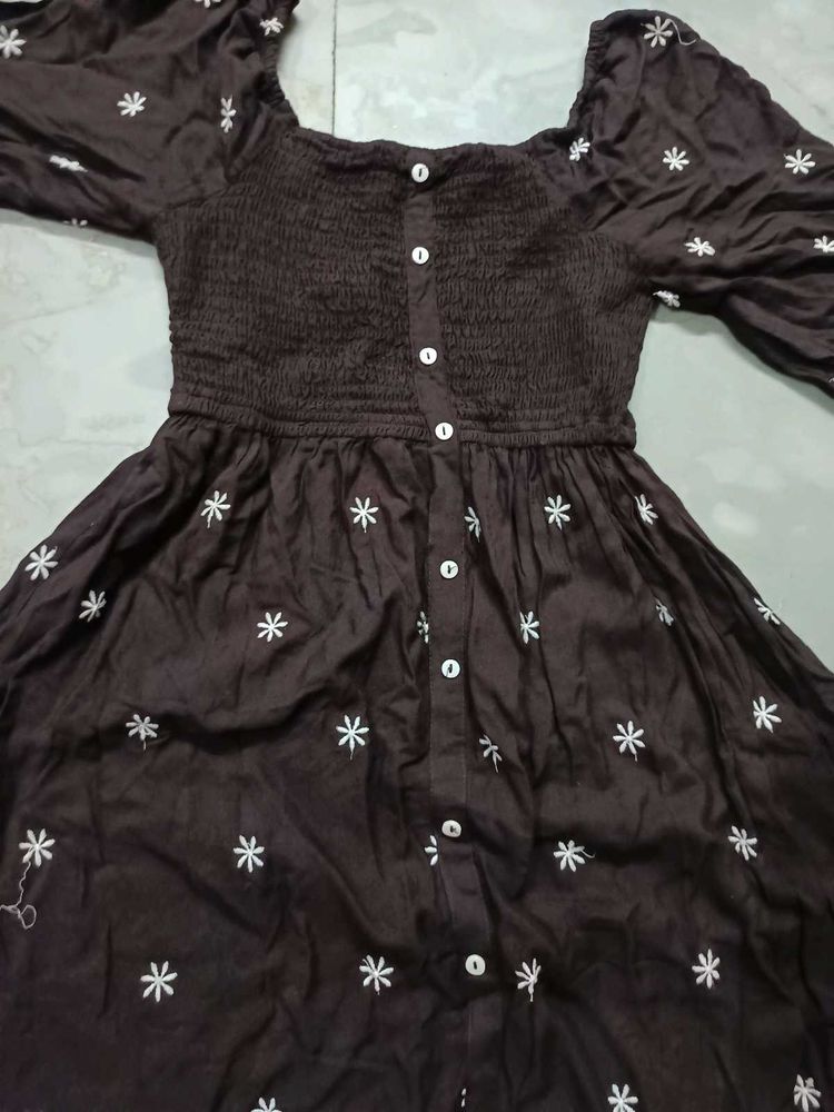 Chic Brown Floral Print Dress(size-xs)