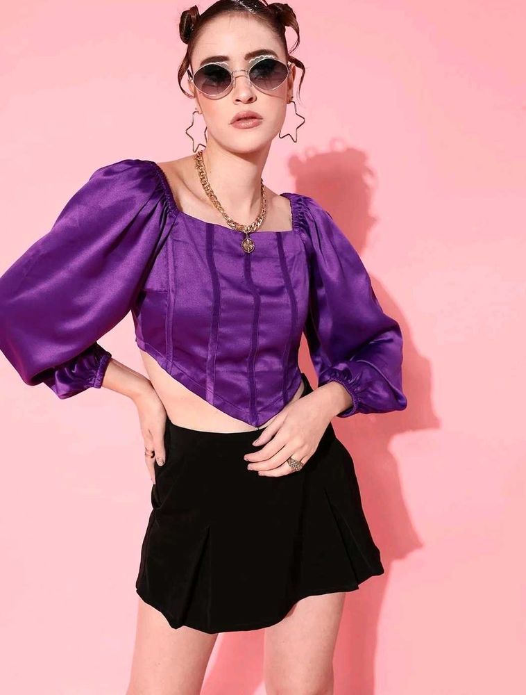 Purple Satin Corset Top with Puff Sleeves