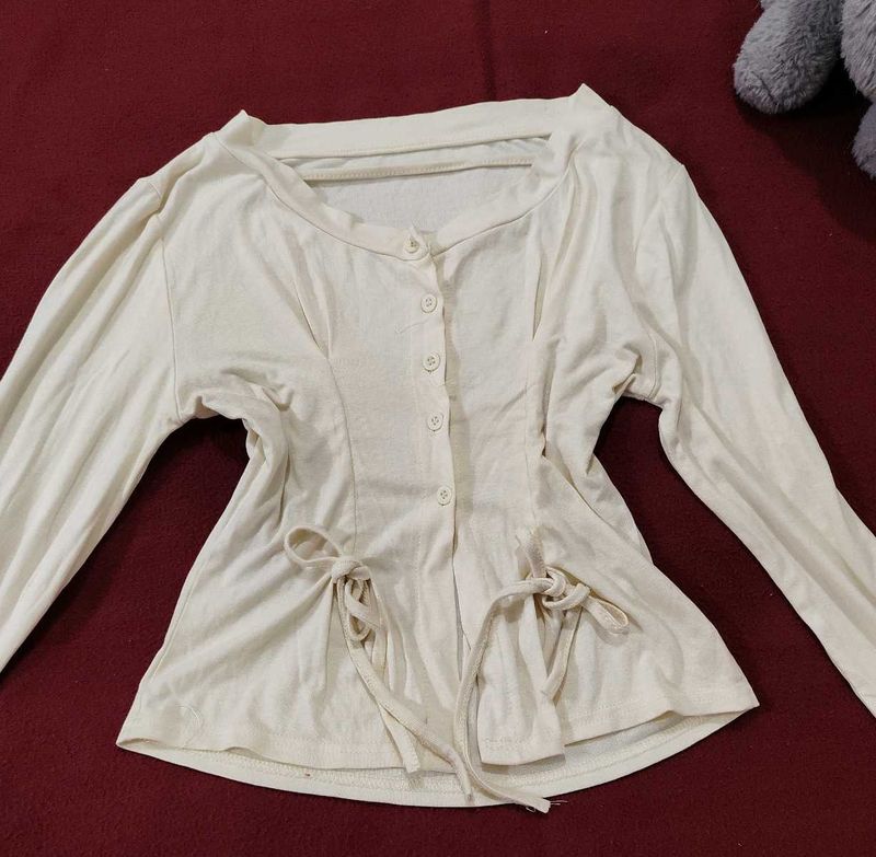Cream Button-Up Tie Waist Top