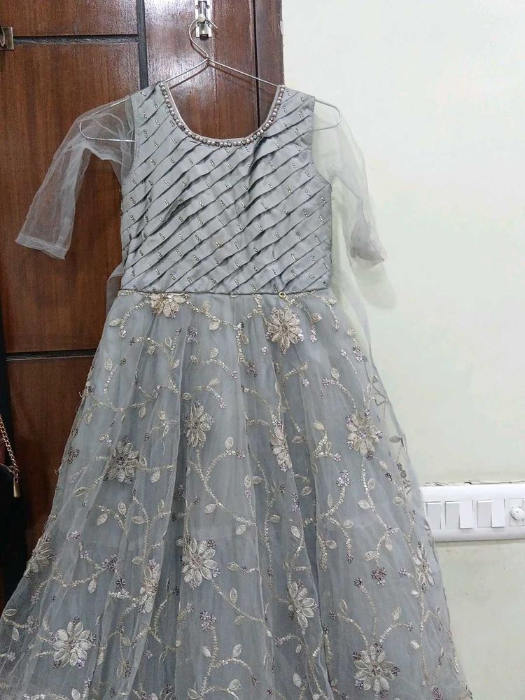 Girl's Grey Embroidered Dress