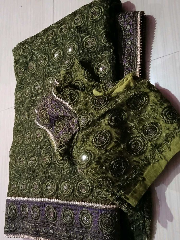 Embroidered Green Saree with Blouse