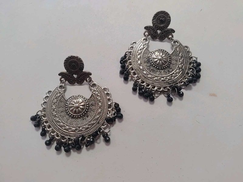 Oxidized Silver Jhumka Earrings with Black Beads