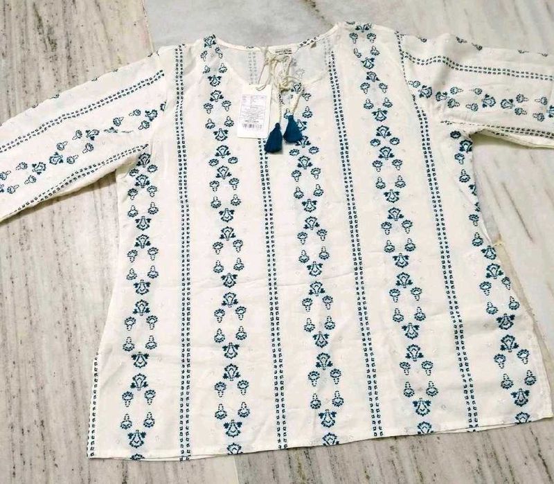 White Kurta with Blue Print