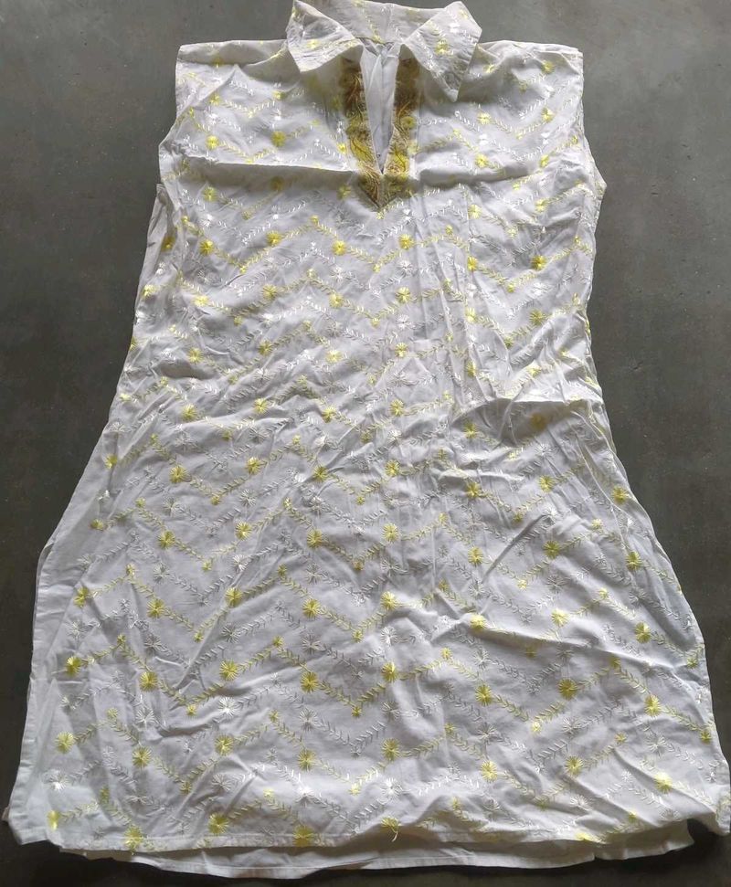 White Kurta with Yellow Embroidery