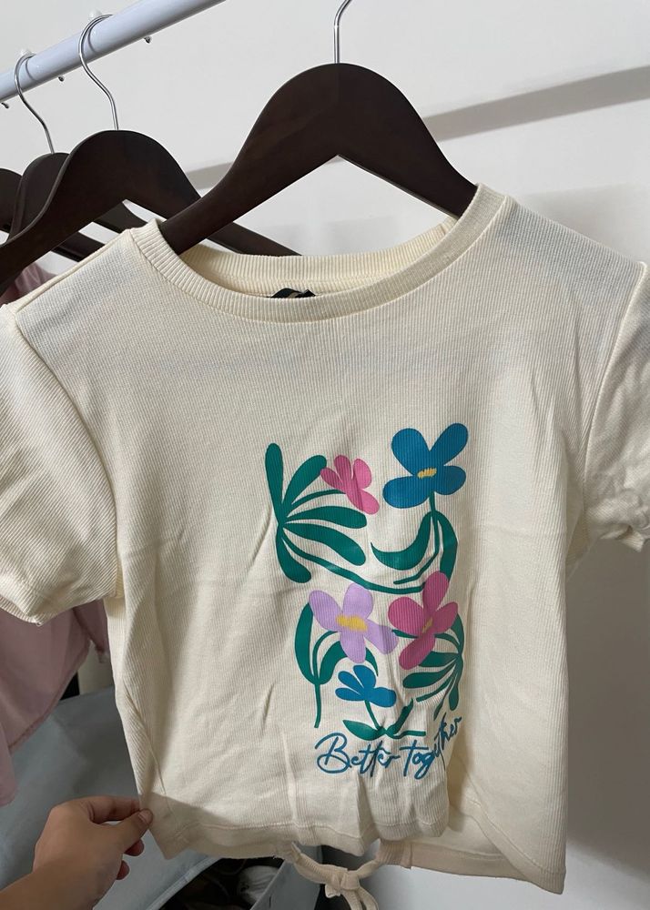 Cream Floral Tie-Waist T-Shirt