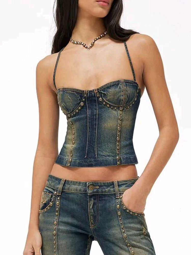 Dirty Wash Denim Corset looking Top