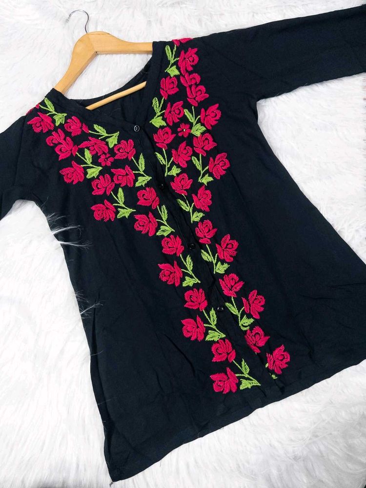 Embroidered Black Shirt with Pink Roses
