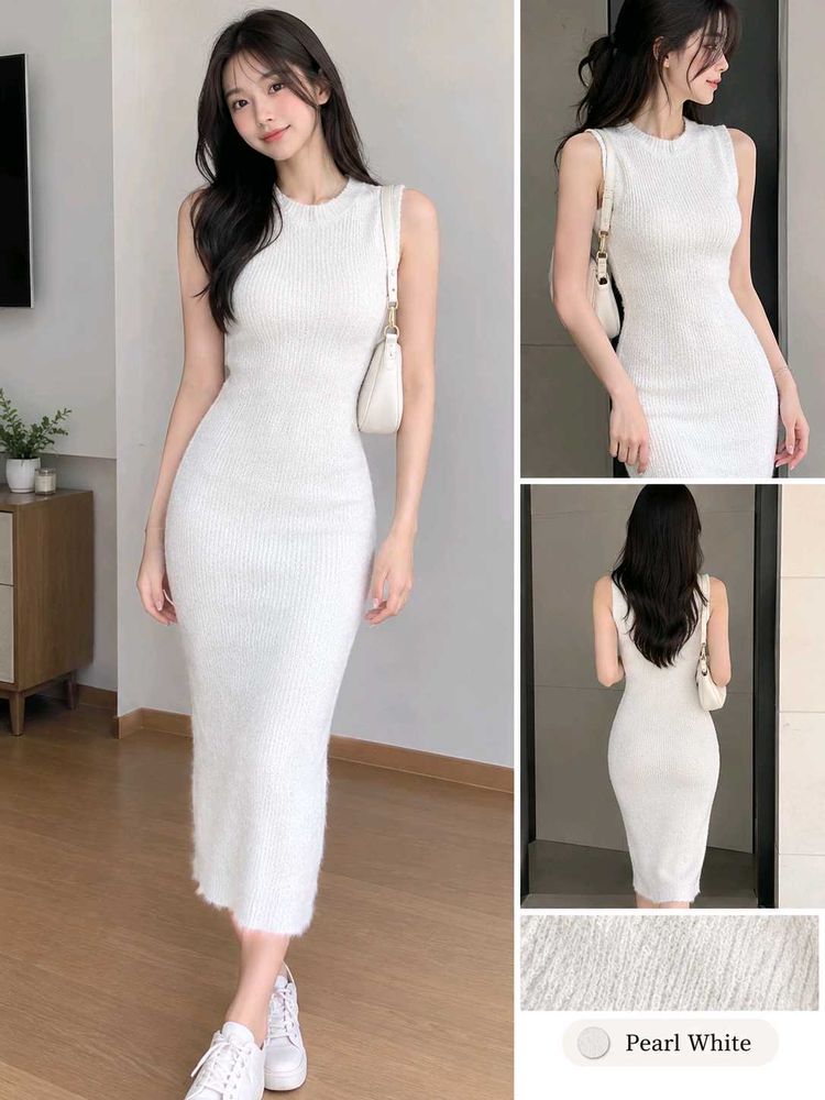 Sleek White Ribbed Knit Midi Dress