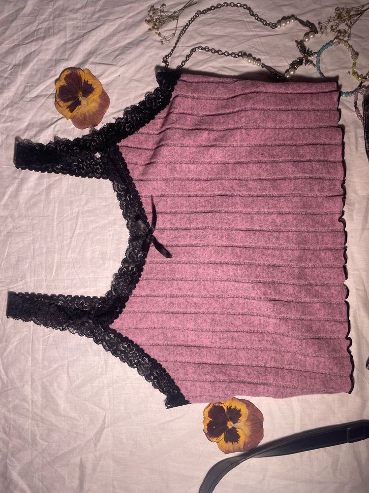 Pink Ribbed Lace Trim Cami Top