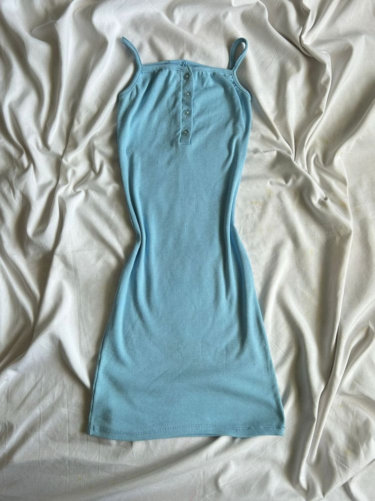 Baby Blue Ribbed Button Dress