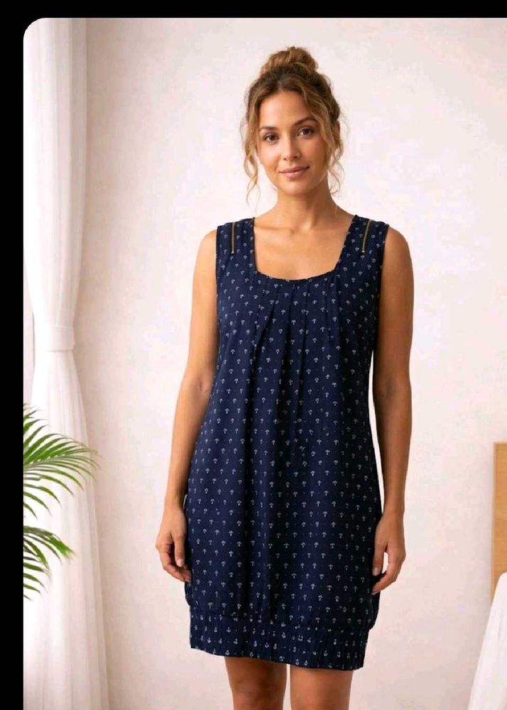 Navy Blue Printed Sleeveless Dress