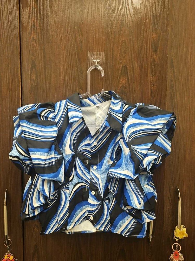 Abstract Print Ruffled Sleeve Top