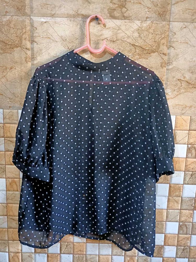 Chic Polka Dot Sheer Top, puff sleeves