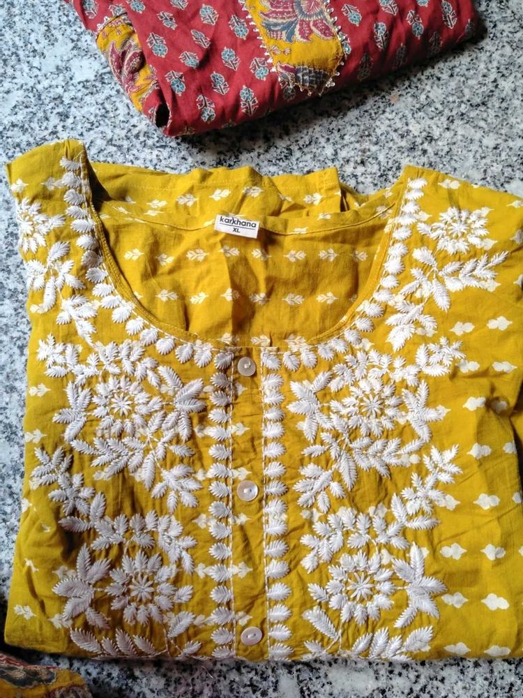 Yellow Kurta with White Embroidery