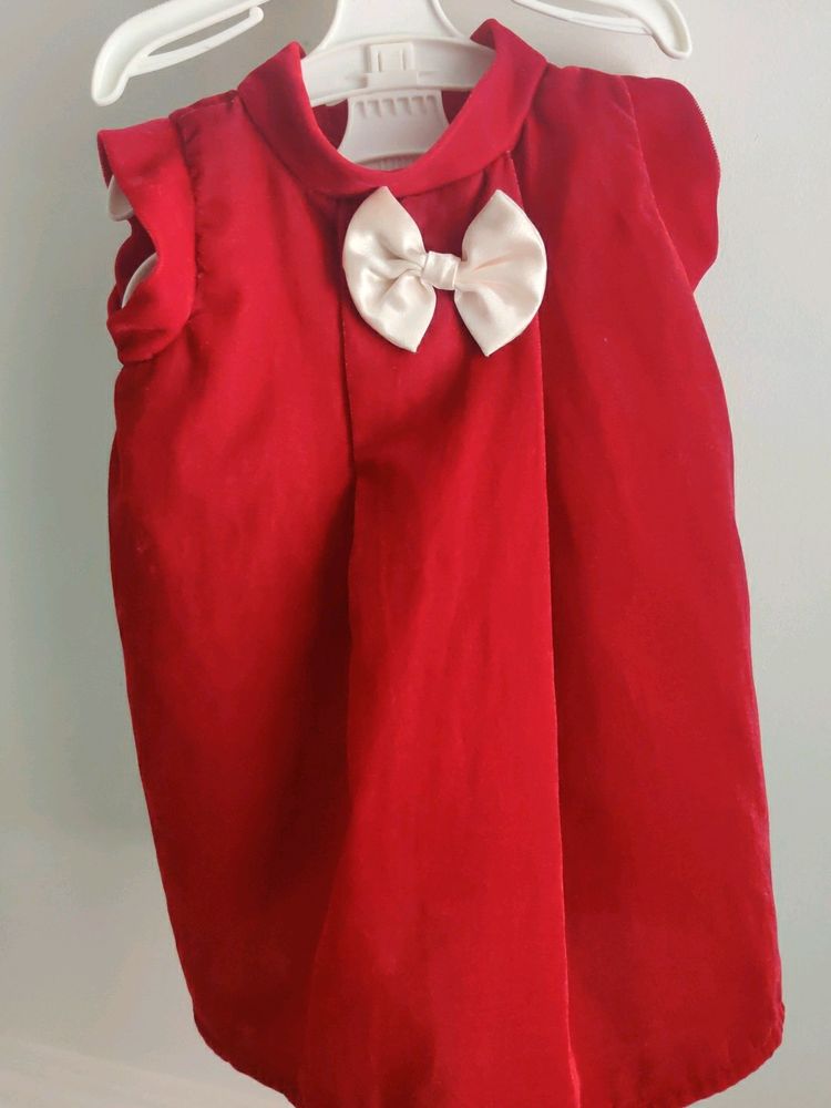 Dark Red Velvet A Line Frock With White Bow