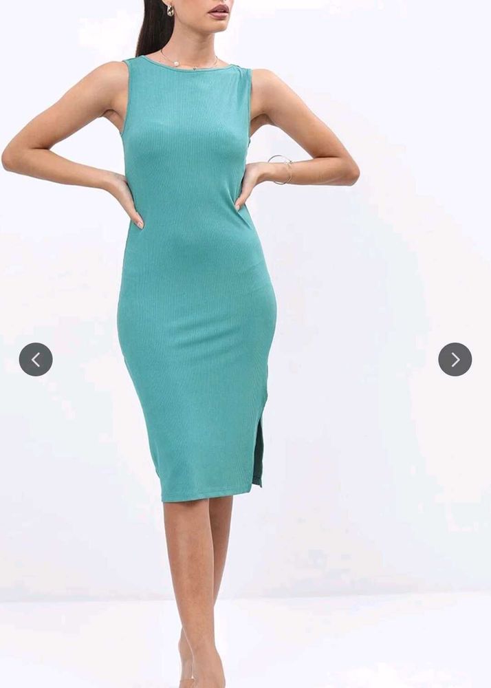 Teal Ribbed Sleeveless Midi Dress