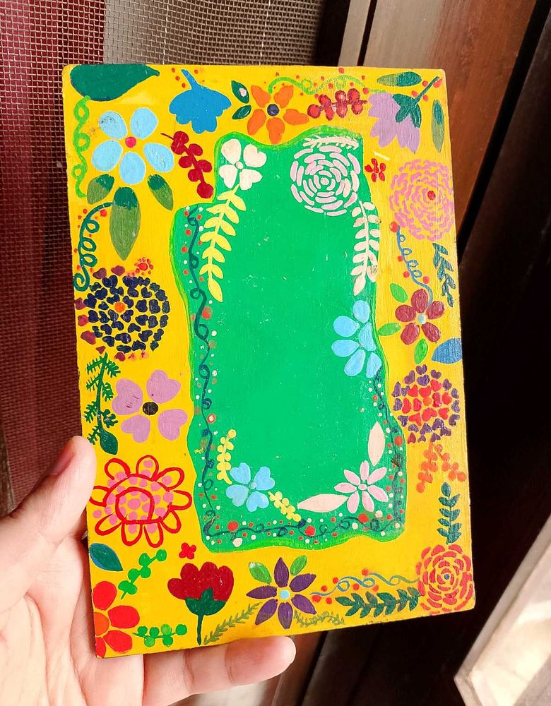 Hand-Painted Floral Artwork on Wooden Slab