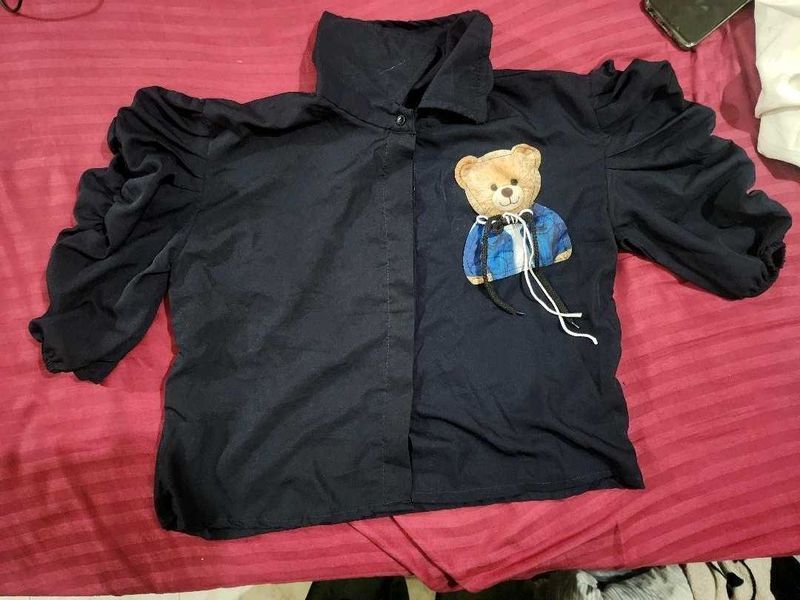 Navy Blue Cute Teddy Bear Collared Top