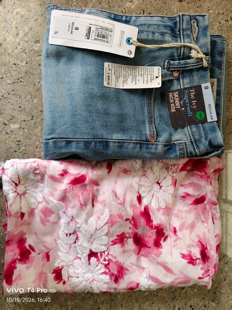 M&amp;S Blue skinny jeans+Mul cotton Chikankari kurti