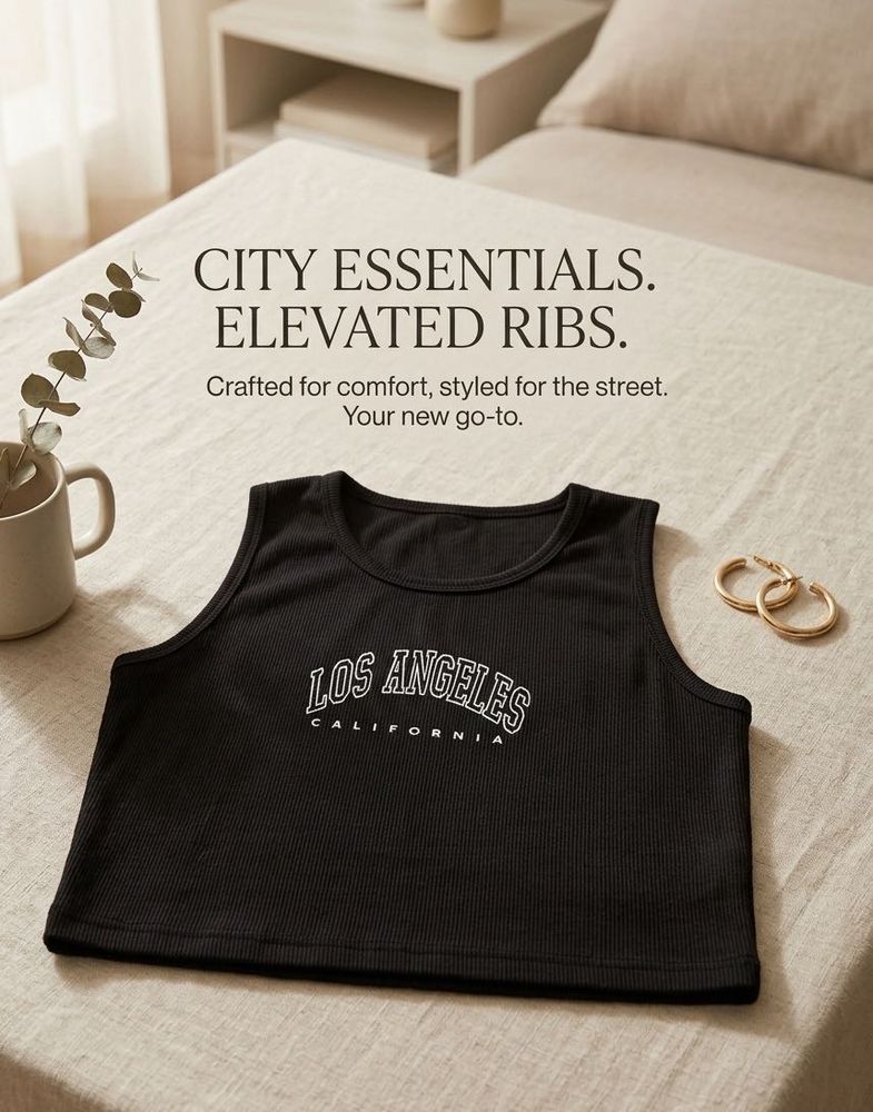 Black Ribbed "Los Angeles" Crop Top