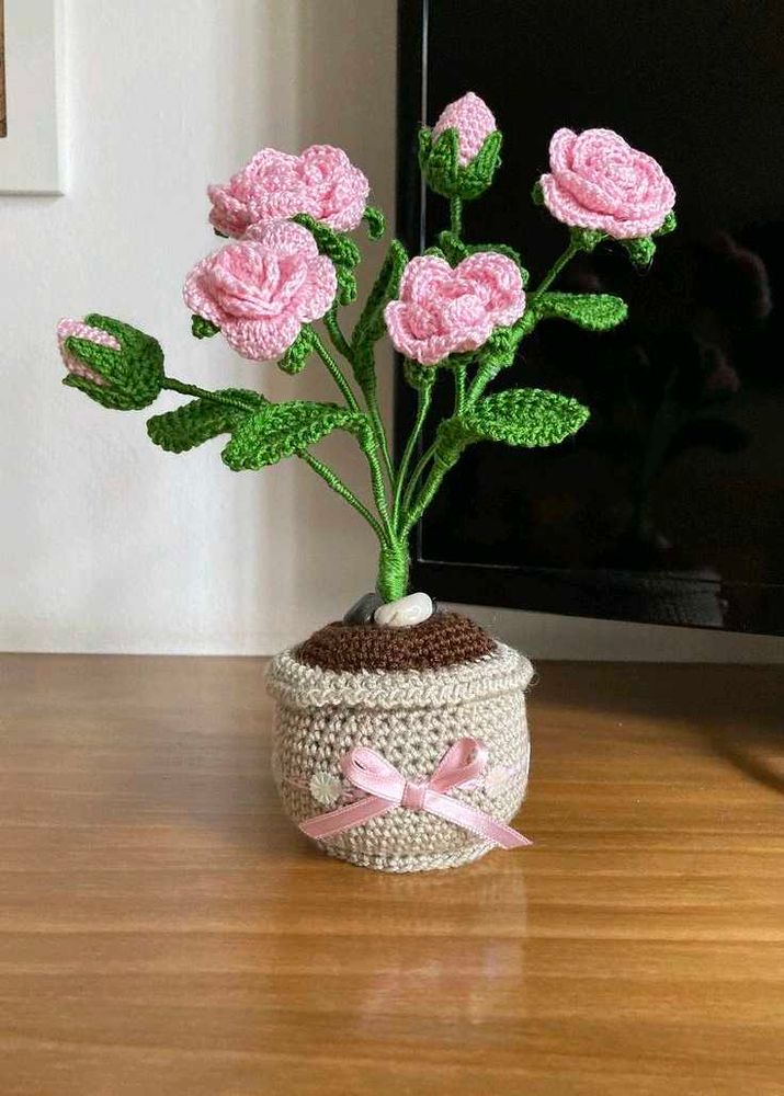 Handmade Crocheted Pink Rose Plant