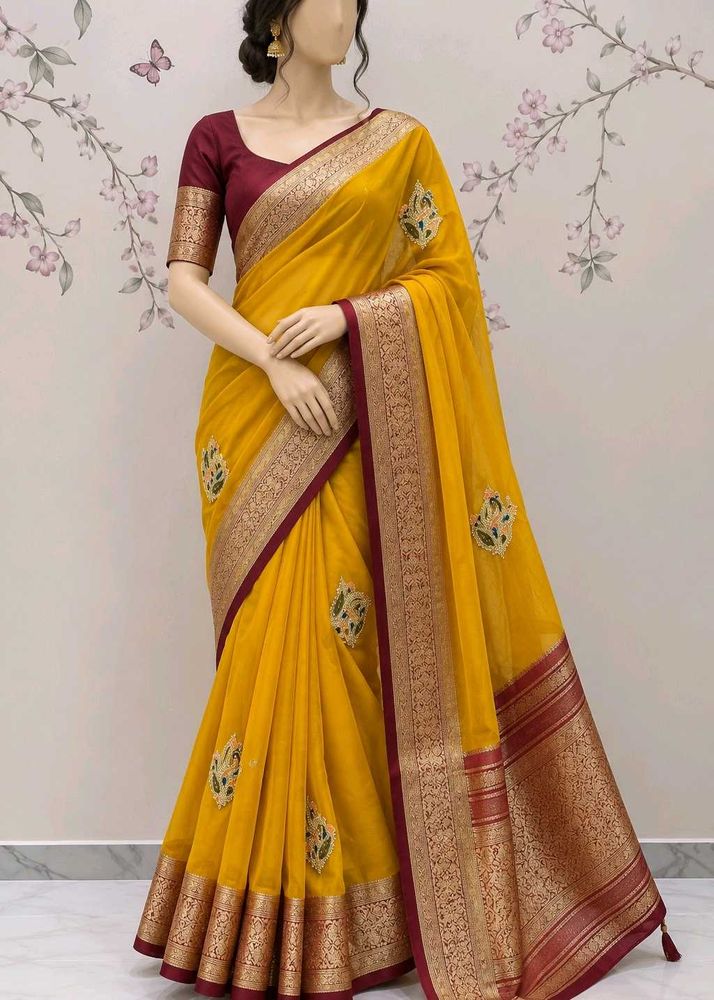 Elegant Yellow Silk Saree with Maroon Border