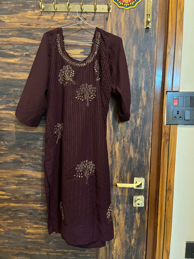 Embroidered Maroon/Baingni Kurta with Patiyala