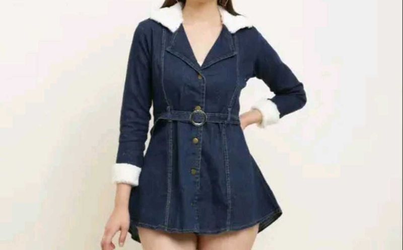 Denim Dress with Fur Trim