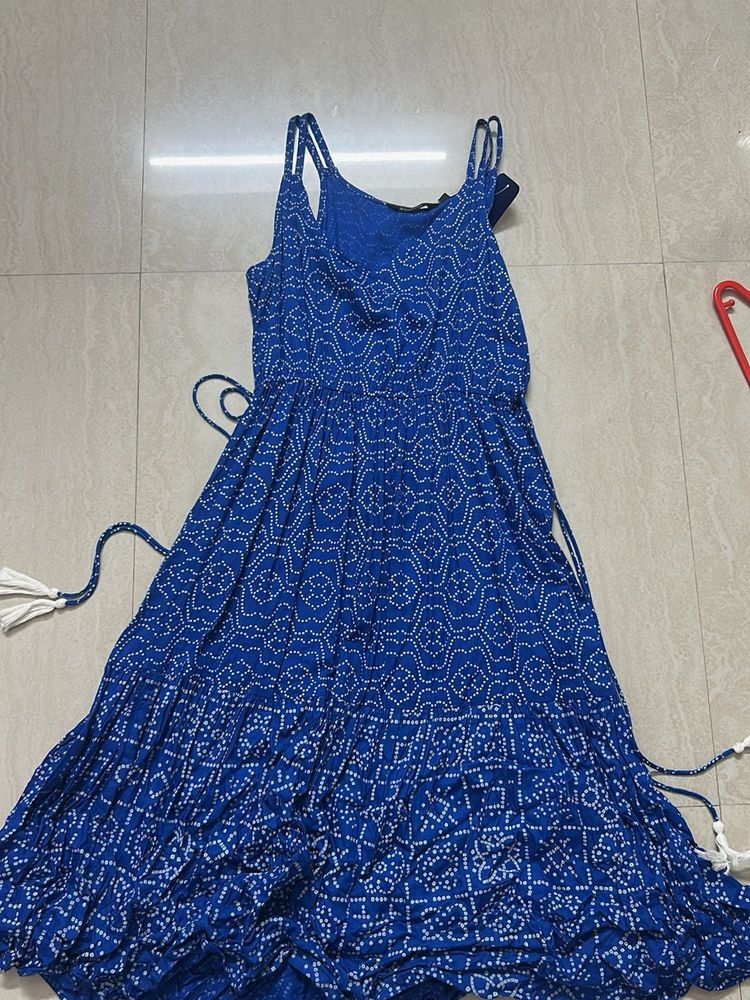 Blue Printed Maxi Dress with Tassels