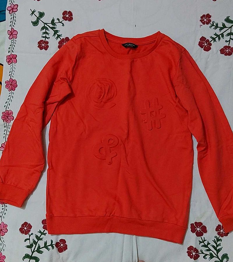 red Crew Neck Sweatshirt with Embossed Symbols